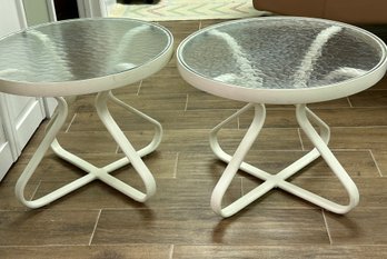 Pair Of Brown Jordan Outdoor Furniture White Aluminum Side Tables With Textured Bubble Glass Tops