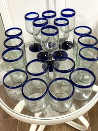 Set Of 18 Handblown Mexican Glassware With Blue Trim In 3 Sizes