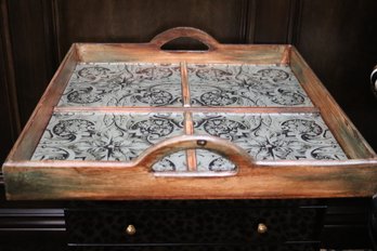 Antique Inspired Wooden Tray With Glass Florentine Design And Handles.