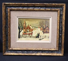 Vintage Folk Art Primitive Rural Winter Scene Oil On Canvas Painting
