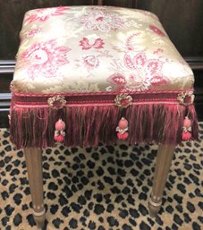 Square Stool With Beautiful Silk Fabric And Burgundy Fringe, On Gilded Wood Legs