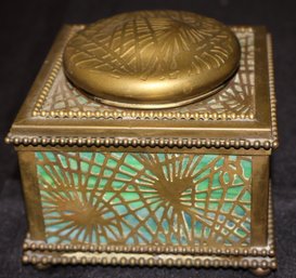 Antique Tiffany Studios New York Pine Needle Bronze And Green Slag Glass Inkwell