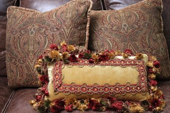 Three Vintage Accent Pillows, Two Paisley With Silk Trim And A Gold Velvet With Silk Tassels.