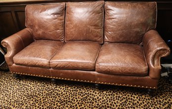 Distinction Leather Furniture, English Style 3 Seat Leather Sofa With Large Brass Nail Head Trim - Wooden Legs