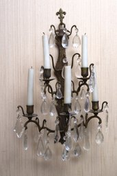 Pair Of Vintage Louis XVI Style French Brass And Glass Prisms Wall Sconce 5-Candle Holders