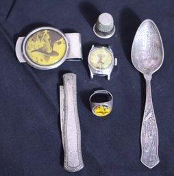 Vintage Hopalong Cassidy Money Clip, Sterling Silver New Amsterdam Souvenir Spoon, And Other Collectables.