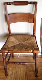 Farmhouse Chair And Brass Table Lamp, With Red Shade.