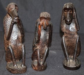 Set Of 3 Vintage Hand Carved Three Wise Monkeys Wooden Figurines