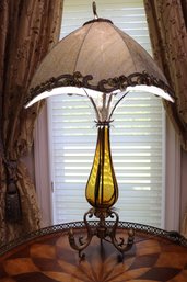 Unique Glass Table Lamp With Metal Base And Unusual Paisley Shade With Sequined Border.
