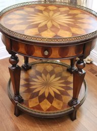 Monarch By Century Furniture Inlaid With Harlequin Design, Two Tier Table With Brass Gallery And Drawer.