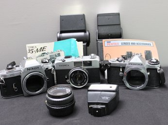 Vintage Camera Bodies Include Nikon FG, Yashica, Pentax ME Includes Some Extras As Pictured!