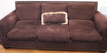 A Vintage Three Seat Brown Ultra Suede Sofa With Nail Head Trim, Comfort And Quality!