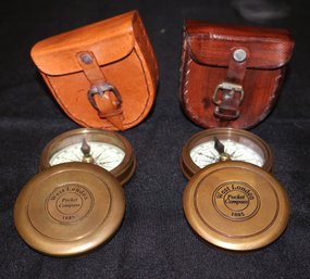 Pair Of Antique Style West London Brass Pocket Compasses With Robert Frost Poem