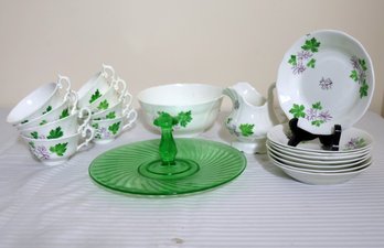 Early 19th Century Staffordshire, Pink Luster Tea Set And Green Depression Glass Cookie Plate.