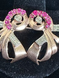 14K ROSE GOLD RUBY AND DIAMOND DOUBLE BOW DESIGN BROOCH