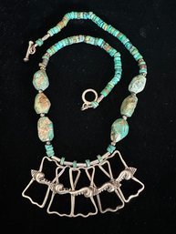 STERLING SILVER 21 INCH TURQUOISE HANDMADE NECKLACE WITH COMPLEX STRUCTURE