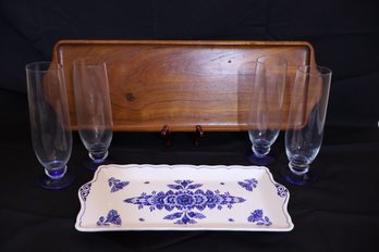Delft, Blue And White, Hand Painted Serving Tray, Teak Tray, And Elegant Glassware.