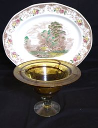 Amber Art Glass Footed Bowl And England Barker Bros. Royal Tudor Ware Olde England Platter.