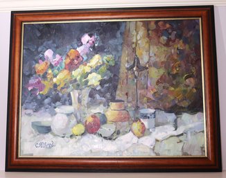 C. Alfred Signed Oil On Canvas Still Life Painting Of Fruit And Flowers Approx. 47 X 31 Inches