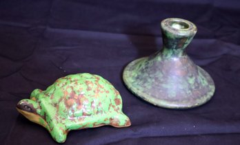 Weller Pottery Coppertone Candleholder And Turtle