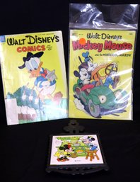 Two Walt Disney Mickey Mouse And Donald Duck 1953 Comics And Mickey Mouse Trivet Made In Japan.
