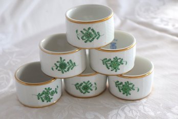 Set Of 6 Quality Herend  Green Chinese Bouquet Handpainted Porcelain Napkin Rings