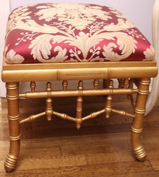 Ardley Hall Fine Quality Asian Bamboo Style Wood Stool In A Gilded Finish With A Floral Linen Stitched Fabric
