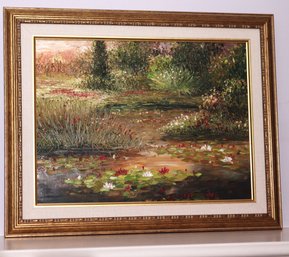 Decorative Lily Pad/ Pond Scene Painting In Frame