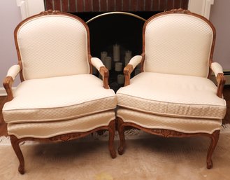 Pair Of Fine Carved Drexel Louis XV Style French Bergres Upholstered Armchairs