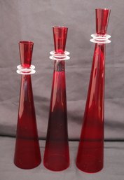 Set Of 3 Art Deco Style Red Glass Candlestick Holders Signed