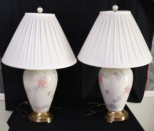 Pair Of Fine Lenox Porcelain Floral Vase Table Lamps With Silk Pleated Shades
