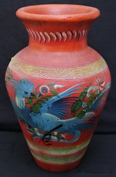 Large Vintage Hand Painted Mystical Bird Floor Pottery Vase