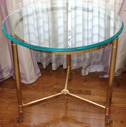 Vintage Hollywood Regency Style Brass And Glass Circular Side Table With A Beveled Edge