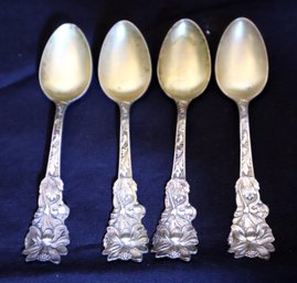 Four Miniature Sterling Silver Demitasse Spoons With Floral Design - Signed Sterling Silver Mfg. Co. SSMC