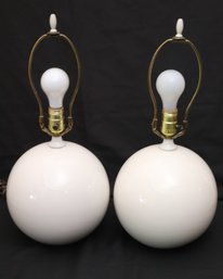 Two Mid Century Modern White Sphere Table Lamps
