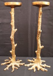 Pair Of Tall Cast Metal Tree Branch Design Candle Holders