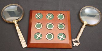 Tic Tac Toe Table Game And 2 Vintage Brass Finish Magnifying Glasses