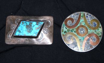 Two Vintage Sterling Silver Pins: Native American Turquoise Pin And Mexican With Inlay.
