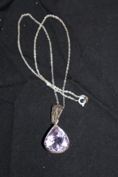 Sterling Chain Necklace With Light Purple Faceted Stone Pendant -possibly Amethyst.