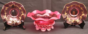 Pair Of Vintage Bohemian Style Gold Trim Cranberry Glass Saucers And Hand Blown Art Glass Ruffled Footed Bowl