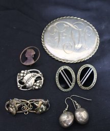 Antique Tiffany Sterling Silver Monogrammed Hand Mirror And An Assortment Of Sterling Silver Jewelry.