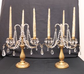 Pair Of Vintage 3-Arm Beaded Candelabra Candle Holders