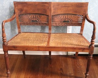 Quality French Style Carved Wood Bench, Pegged Wood With Woven Rattan/ Wicker Seat