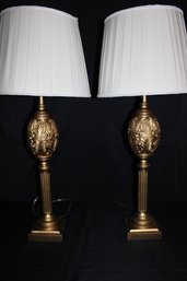 Pair Of Vintage Hollywood Regency Style Table Lamps In Gilded Finish With Ornate Foliage Details