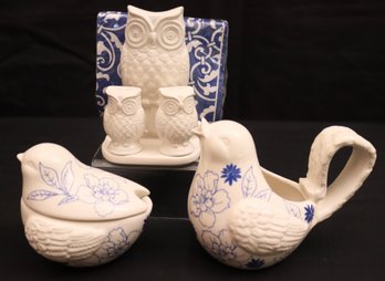 Grasslands Road Ceramic Owl Salt & Pepper Set And Floral Bird Creamer & Sugar Set