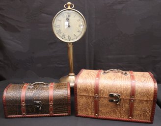 Vintage Inspired Decorative Table Clock And 2 Faux Crocodile Leather Storage Boxes