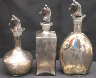 Set Of 3 Decorative Horsehead Mercury Glass Decanters