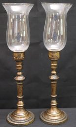Pair Of Italian Antique Bronze Finish Clear Glass Hurricane Candle Holders