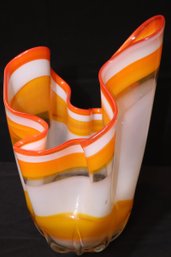 Large Vintage Arte Murano ICET Colorful Art Glass Handkerchief Vase In White And Orange Stripes