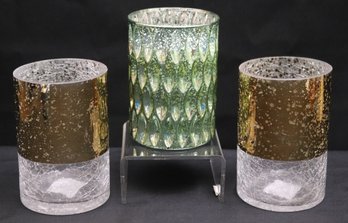 Pair Of Pier 1 Crackled Glass Candleholders And Threshold Mercury Glass Candle